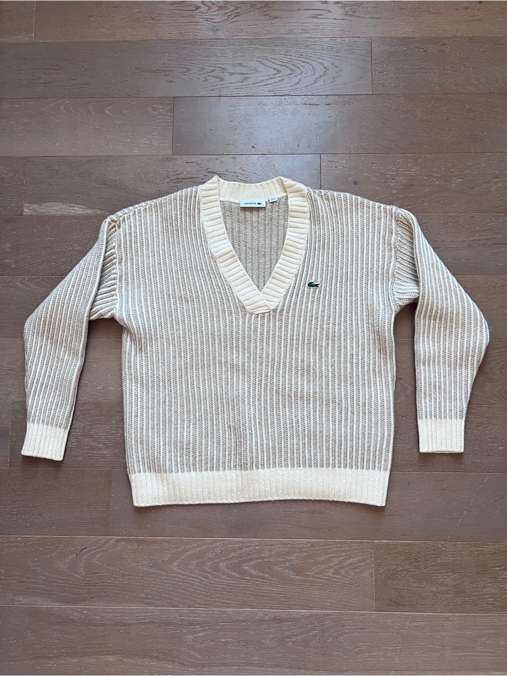 Lacoste Women’s 100% Wool Ribbed V-Neck Sweater in Cream and Beige